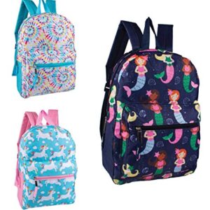 24 Pack – 15 Inch Printed Bulk Backpacks in 3 Assorted Styles – Case of Wholesale Bookbags (Assorted 2)