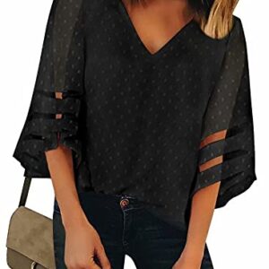 BLENCOT Women’s V-Neck 3/4 Sleeve Shirt Mesh Panel Blouse Loose Solid Color Button Front Tops Blouse