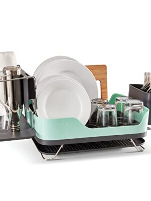 Dash SmartStore Full Size Dish Rack – Plates, Cups, Utensil Holder, Knife Slot, Drainage Spout + Drying Mat – Aqua