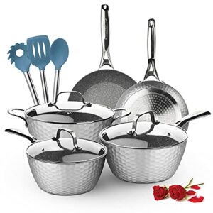 LovoIn Nonstick Cookware Set 11-Piece Hammered Kitchen Ware Pots & Pans Set Induction Cooking Pots Even Heating Pans…