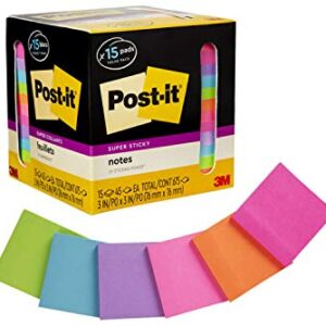 Post-it Super Sticky Notes, Assorted Bright Colors, 3 in x 3 in, 15 Pads/Pack, 45 Sheets/Pad, 2x the Sticking Power…