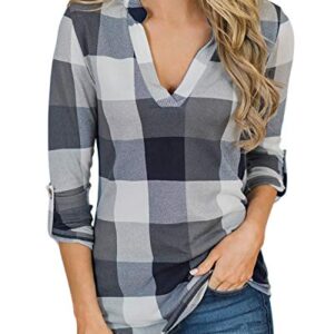 YOINS Women Long Sleeve V Neck Shirts Plaid Casual Tops Check Classical Blouses for Ladies